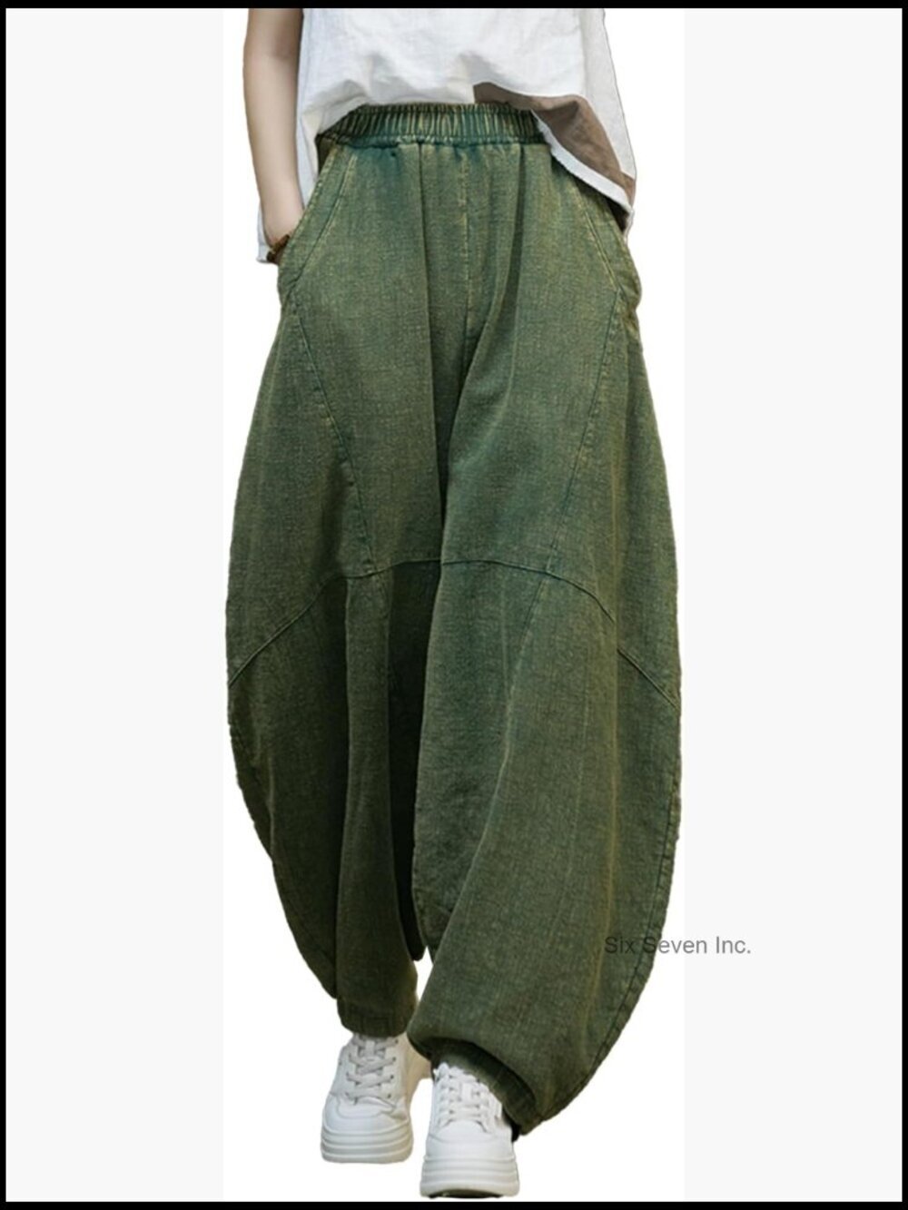 Linen Cotton Baggy Pants Elastic Waist Wide Leg Lantern Trousers Loose Fit